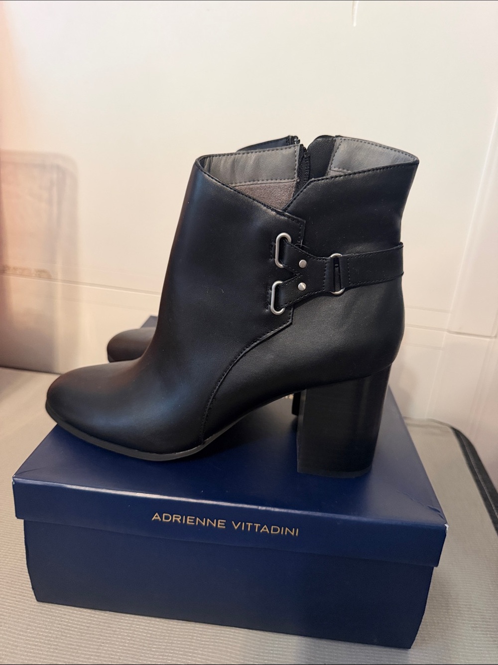 Adrienne Vittadini Black Leather Buckle Ankle Booties